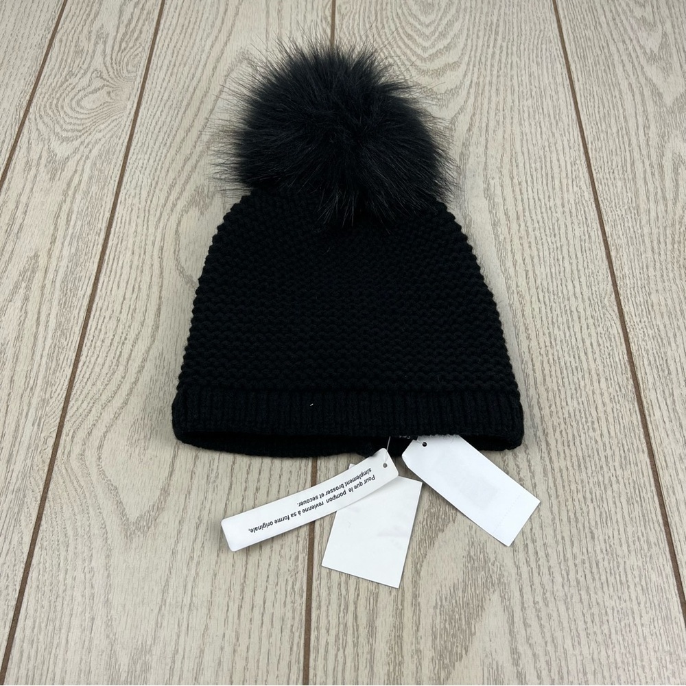 Kyi Kyi Knitted Faux Fur Pom Pom Hat OS Black $65